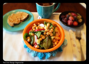 Salad with apple cider vinegar dressing, homemade bread, fruit salad, and Yogi Tea. 